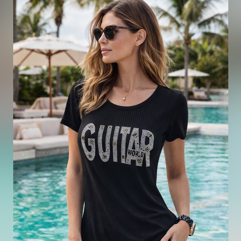 Y2K SHAN GUITAR WORLD Rhinestone Ribbed Longline Tee Rock Chic Luxury Top Size M